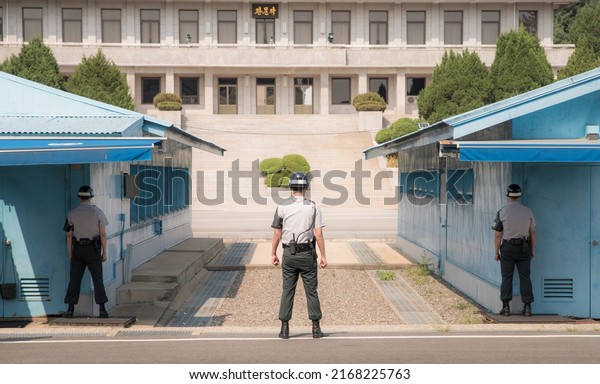 South Korean\
soldiers guarding the border in North Korea at Joint Security Area\
(JSA).  August 2nd, 2018