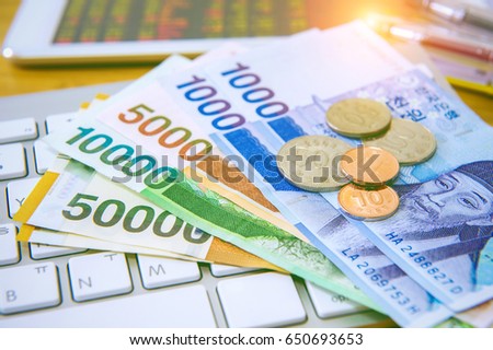 South Korean won currency and finance business. Business concept. Vintage tone.