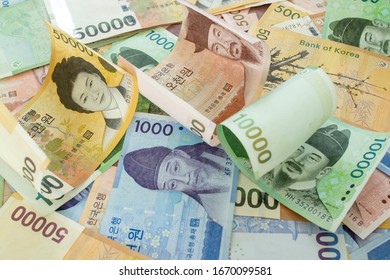 South Korean Won Currency. Various bank notes placed.