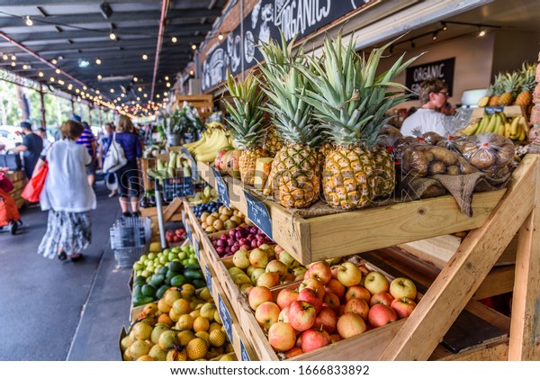 South Melbourne, Victoria, Australia,\
February 23, 2020: A fruit stand at the South Melbourne Market with\
produce on display in the city of Melbourne\
Australia