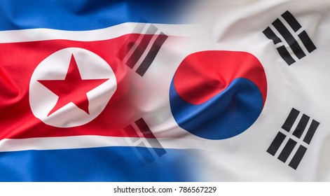 South And North Korea Flag Waving In The Wind.