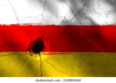 South Ossetia Flag With Bullet Hole Background. Concept Of War And Military Conflict 