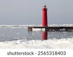 South Pierhead Light (1903) in Winter, Muskegon, Lake Michigan, Michigan, USA