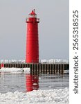 South Pierhead Light (1903) in Winter, Muskegon, Lake Michigan, Michigan, USA