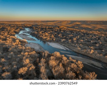South Platte River in eastern Colorado near Crook, aerial view of late November scenery