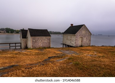 South Portland, Maine, USA.  06-24-2020:   A Quintessential Grey New England Morning  At The Fishing Shacks On Willard Beach.
