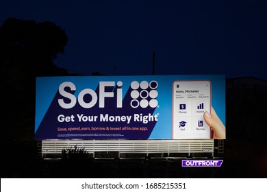 South San Francisco, CA, USA - Mar 1, 2020: SoFi Billboard Seen At Night. SoFi Is An Online Personal Finance Company Providing Student Loan Refinancing, Mortgages, Personal Loans, Investing & Banking.