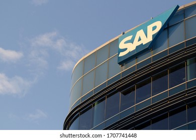 South San Francisco, CA, USA - Mar 1, 2020: The SAP sign seen at SAP SuccessFactors Global Headquarters in South San Francisco, California. SAP SE is a software company known for its ERP products.