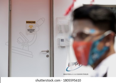 South Tangerang City, Banten, Indonesia.  August 30, 2020.  

Door detail of swab test mobile laboratory Covid19 develop by BPPT or Agency for the Assessment and Application Technology - Shutterstock ID 1805595610
