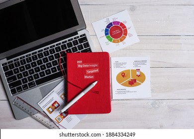 South Tangerang, Indonesia - December 26, 2020: Strategic Business Plan 2021 Item Concept With Notebook, Big Data Handbook, Data Charts, Ruler On The Table From Top View                              