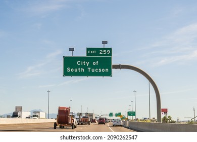 South Tucson, AZ - Oct. 06, 2021: Sign for City of South Tucson Exit 259 heading south on Interstate 10.
