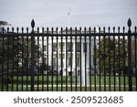 South Wall end Truman Balcony of the United States White House as seen from the other side of the black metal fence, President House Residence