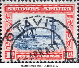 South West Africa - circa 1974: a postage stamp from South West Africa, now Namibia shows a historic Cape Cross and sailing ship