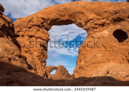 South Window Arch seen through Turret Arch, Arches National Park, Utah, United States of America, North America