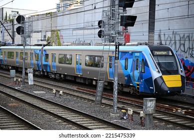 South Yarra, Victoria, Australia - October 18 2022: Side View Of A New High Capacity Metro Train, As It Travels Through Inner Melbourne, Bound For Pakenham