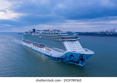 Southampton, England - February  13th 2021.  Norwegian Bliss Cruise Ship Coming In To Port Empty Due To The Pandemic Covid 19