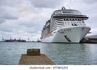 Southampton, Hampshire, England - 05.14.2021 - MSC Virtuosa Cruise Ship In Dock 