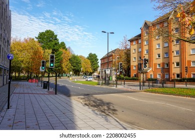 Southampton, Hampshire, England - 11.17.2021 - View Of A Southampton Street In Autumn. Colorful Trees In Background With Student Accommodation To The Right. City In Fall Season 