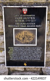 SOUTHAMPTON, UK - MAY 14TH 2016: A plaque marking the nearby location where Jane Austen attended school in Southampton, on 14th May 2016.