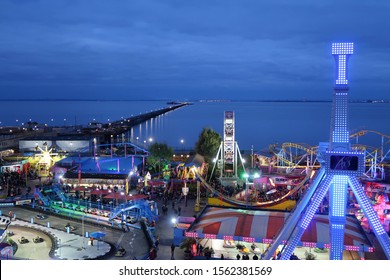 Southend on Sea, Essex, United Kingdom, November 16, 2019. Pier at night. View from  the town (Cliffdown Road). Southend on Sea, Essex, United Kingdom. November 16, 2019                               