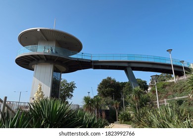 Southend On Sea, Essex, United Kingdom, September 14, 2020. Seafront 'Pier' Lift Or Elevator Up To Town At Top Of Cliff. Southend On Sea, Essex, United Kingdom, September 14, 2020