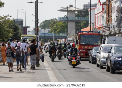 Southend-on-Sea, UK  July 17th 2022  2022 Heatwave England. Traffic Congestion With Bikers, Cars And Fire Engine On A Busy Road And Pedestrians Walking On A Hot Summer Day In A English Seaside Town