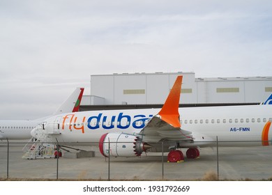 Southern California Logistics Airport, CA, USA - March 7, 2021: this image shows Flydubai Boeing 737 MAX 8 with registration A6-FMN under maintenance.