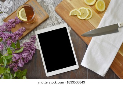Southern Charm Book Cover Mockup Ad For Authors With Lilacs, Lemons, Tea, Cutting Board, Knife, Towel, And Lace.