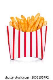 Southern french fries with paprika and salt in paper container on white background