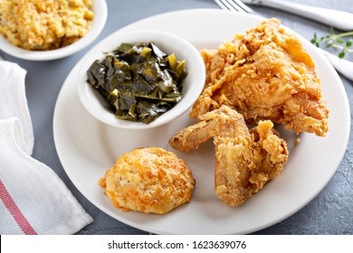 Southern Fried Chicken With Collard Greens, Mac And Cheese And Biscuit