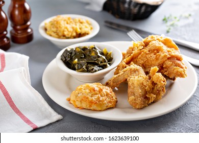 Southern Fried Chicken With Collard Greens, Mac And Cheese And Biscuit