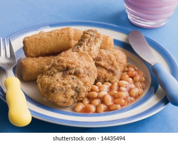 Southern Fried Chicken With Croquette Potatoes And Baked Beans