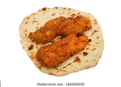 Southern Fried Chicken On A Flat Bread Spicy Chicken In Golden Batter Or Deep Fried Crispy Chicken Wrap On A Naan Bread