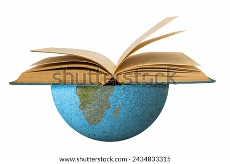 Southern hemisphere of the globe with an open book where America and Africa are: bookrest concept. The southern hemisphere of the earth supports global book reading.