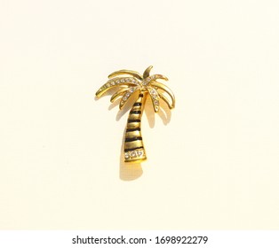 Southern Palm Tree Ornate Gold Tone Brown Stripes Brooch