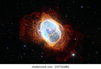 Southern Ring Nebula. Space collage from newest cosmic telescope. James webb telescope research of galaxies. Landscapes of Deep space. JWST. Elements of this image furnished by NASA. - Shutterstock ID 2197556881