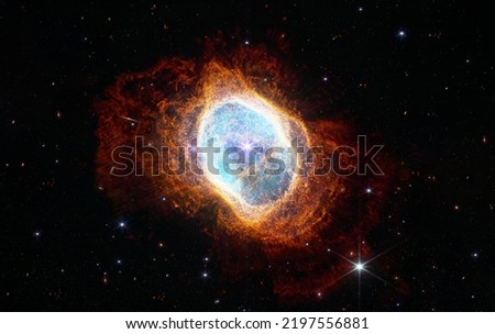 Southern Ring Nebula. Space collage from newest cosmic telescope. James webb telescope research of galaxies. Landscapes of Deep space. JWST. Elements of this image furnished by NASA.