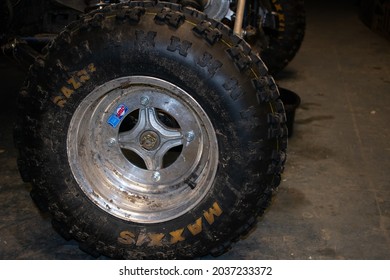 Southfield, MI - August 5th, 2021: A Rear Wheel And Tire On A Student Built Off Road Vehicle For Competition. The Small Off Road Tire Is Mounted Onto An Aluminum Wheel Design. 