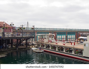 Southport, Merseyside, United Kingdom - 28 June 2019: Boats Moored On The Lake Outside The Waterside Inn In Southport Merseyside