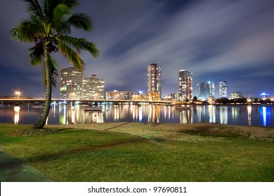 southport at night with palm in foreground (southport, queensland, australia)