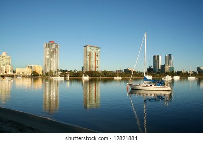 Southport on the Gold Coast Australia seen across the Nerang River from Main Beach at dawn.