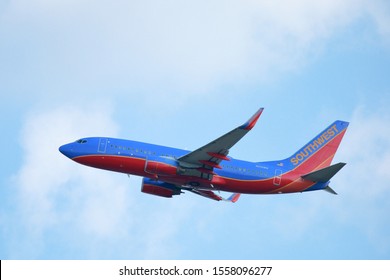 A Southwest Airlines Flight Taking Off From San Antonio.  Southwest Airlines Company Is A NYSE Publicly Traded Stock With Ticker LUV.  San Antonio, Texas, USA - October 7, 2017