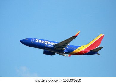 A Southwest Airlines Flight Taking Off From San Antonio.  Southwest Airlines Company Is A NYSE Publicly Traded Stock With Ticker LUV.  San Antonio, Texas, USA - October 7, 2017