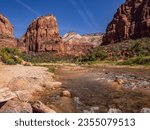 Southwest usa Zion National Park The main part of the park is Zion Canyon surrounded by the walls of the Deertrap, Cathedral and Majestic Mountain mountains. The Virgin River flows through the canyon.
