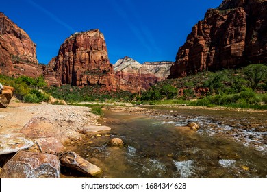 Southwest usa Zion National Park The main part of the park is Zion Canyon surrounded by the walls of the Deertrap, Cathedral and Majestic Mountain mountains. The Virgin River flows through the canyon. - Powered by Shutterstock