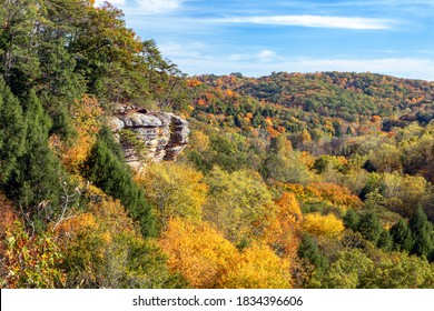 The Southwestern Ohio Autumn Landscape Is Painted With The Colors Of Fall Leaves As Viewed High Above The Trees And Rock Walls Of Conkle’s Hollow In The Beautiful Hocking Hills.