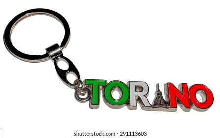 Souvenir Key Chain From Turin, Italy, Isolated On White Backgrou