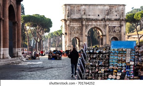 Souvenir Stand Outside The Coliseum In Rome.