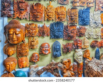 souvenir wall decorations in the form of traditional Balinese Buddhist and Hindu masks