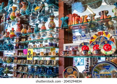 Souvenirs at the Grand Bazaar, Turkey. Traditional Turkish cups handmade souvenirs in a souvenir shop, soft selective focus